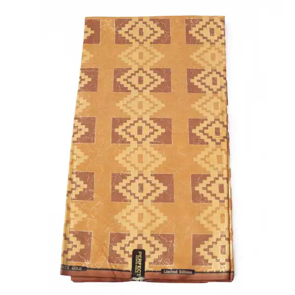 Close-up of Quality Brown Kente Gold Wax Fabric for Sale showing Kente prints