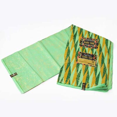 Close-up of Green and Golden Yellow Kente Wax Fabric showing Kente prints