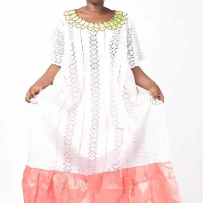 White and Pink Senegalese Boubou with Matching Scarf – elegant African-inspired outfit available at BaobabMart.