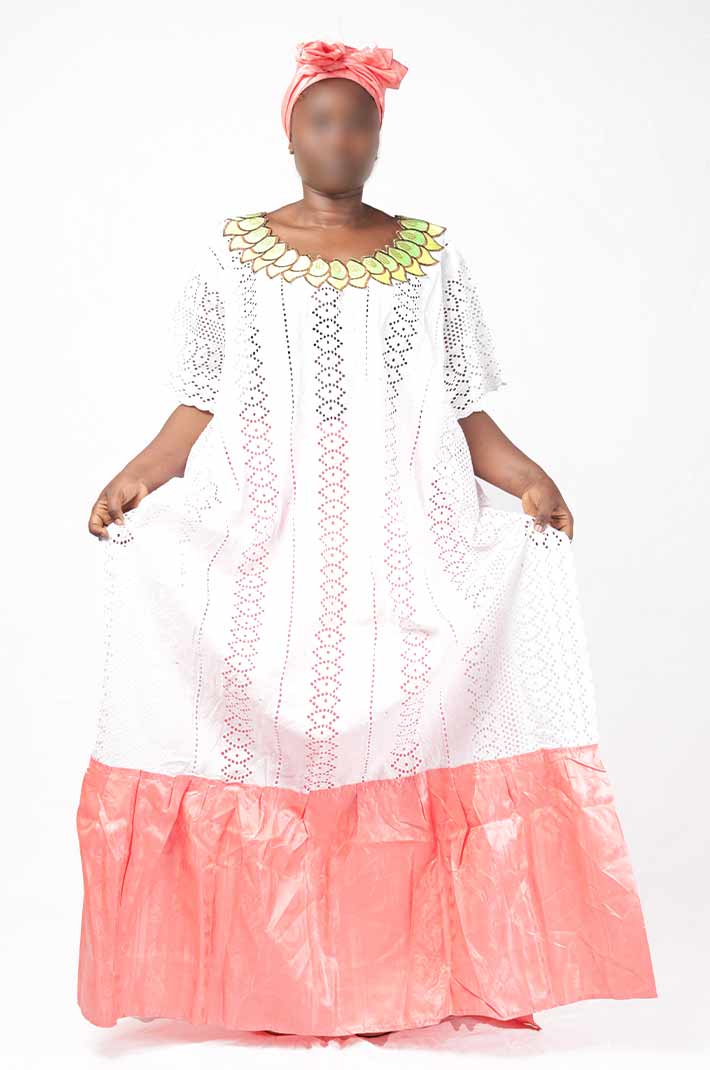 White and Pink Senegalese Boubou with Matching Scarf – elegant African-inspired outfit available at BaobabMart.