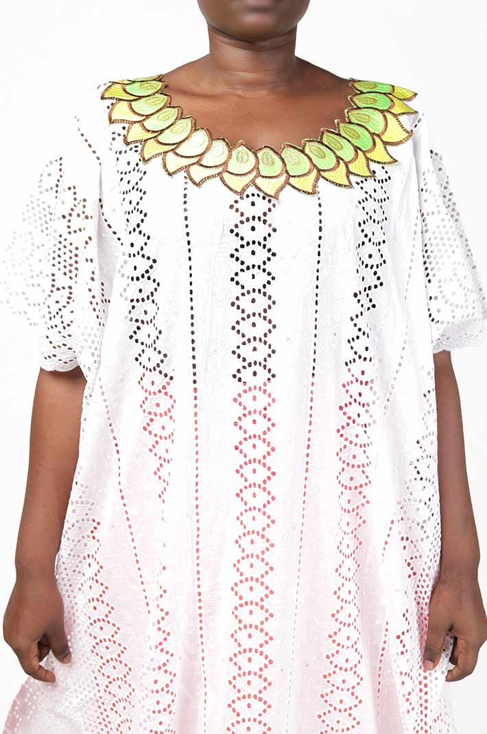 White and Pink Senegalese Boubou with Matching Scarf – elegant African-inspired outfit available at BaobabMart.