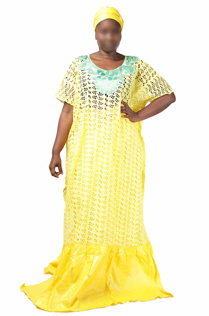 2-piece Yellow Senegalese Boubou with Matching Scarf – elegant African-inspired outfit available at BaobabMart.