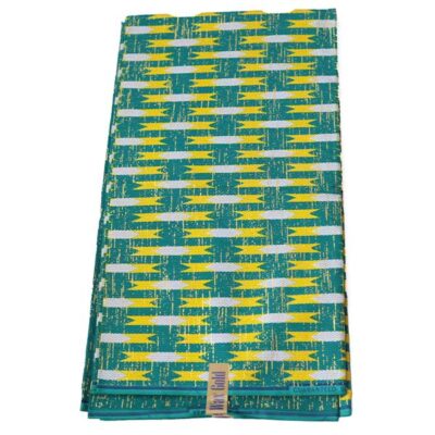 Close-up of Kente Gold Blue-Green and Yellow Wax Fabric showing Kente prints