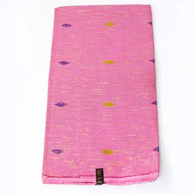 Close-up of Pink and Purple Wax Kente Gold Fabric for Sale showing Kente prints