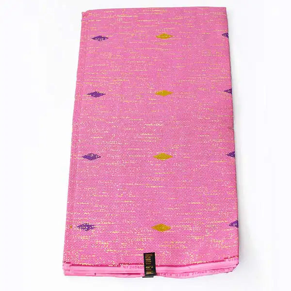 Close-up of Pink and Purple Wax Kente Gold Fabric for Sale showing Kente prints