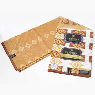 Close-up of Quality Brown Kente Gold Wax Fabric for Sale showing Kente prints