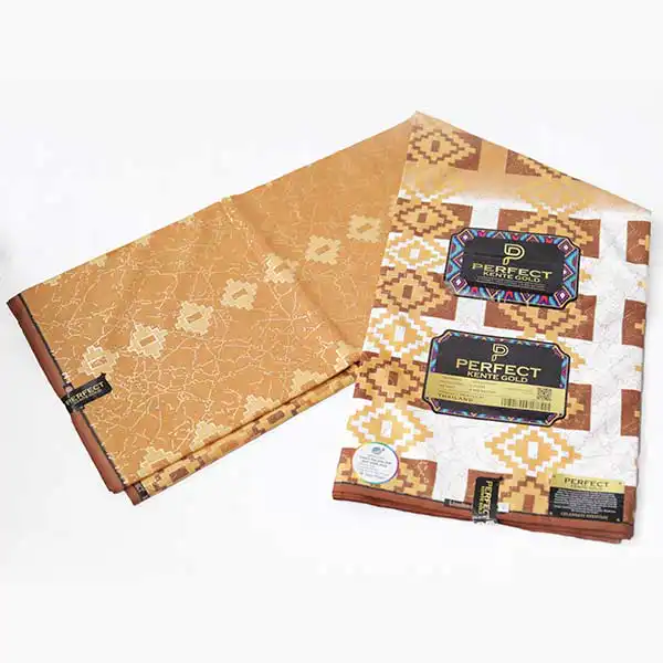 Close-up of Quality Brown Kente Gold Wax Fabric for Sale showing Kente prints