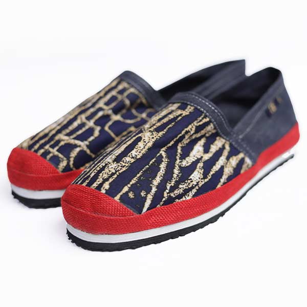3 Unisex Afritude Espadrille Customized with Ndop Fabric and Red Straw – unique African-inspired footwear at BaobabMart.