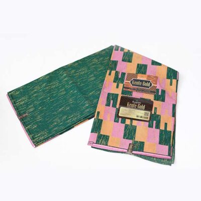 Close-up of Green and Pink Kente Gold Wax Fabric for Sale showing Kente prints