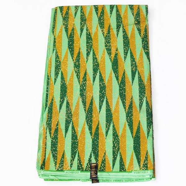 Close-up of Green and Golden Yellow Kente Wax Fabric showing Kente prints 3 Close-up of Green and Golden Yellow Kente Wax Fabric showing Kente prints