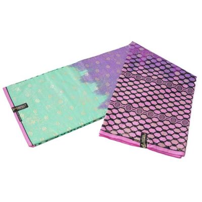 Close-up of Kente Gold Wax Fabric in Green Pink and Purple showing Kente prints