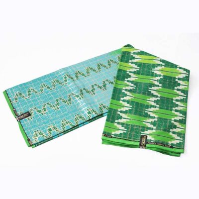 Close-up of 2-tone Green Kente Gold Wax Fabric showing Kente prints