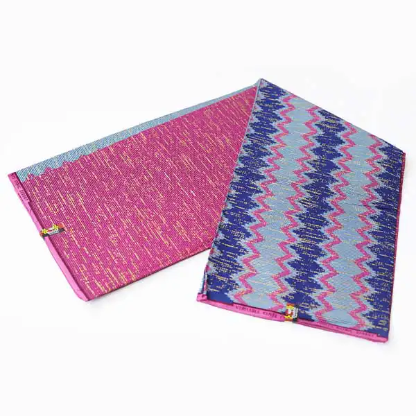 Close-up of Blue and Pink Kente Gold Wax Fabric for Sale showing Kente prints