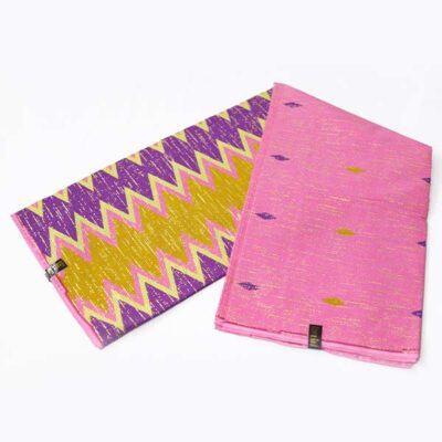 Close-up of Pink and Purple Wax Kente Gold Fabric for Sale showing Kente prints