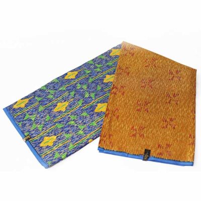 Kente Gold Brown and Blue Wax Fabric for Sale – premium African fabric for fashion and décor, available at BaobabMart.