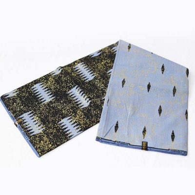 Sky Blue and Black Kente Gold Wax Fabric – premium African fabric for fashion and décor, available at BaobabMart.
