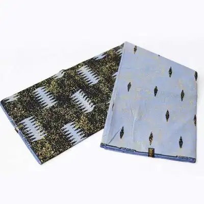 Sky Blue and Black Kente Gold Wax Fabric – premium African fabric for fashion and décor, available at BaobabMart.