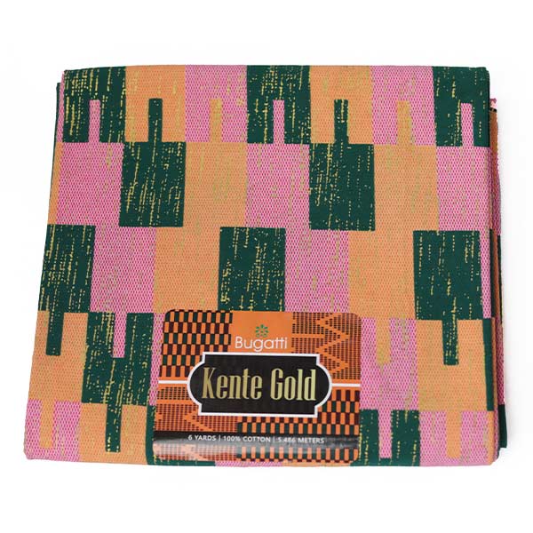 Close-up of Green and Pink Kente Gold Wax Fabric for Sale showing Kente prints 4 Close-up of Green and Pink Kente Gold Wax Fabric for Sale showing Kente prints