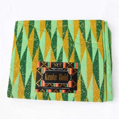 Close-up of Green and Golden Yellow Kente Wax Fabric showing Kente prints