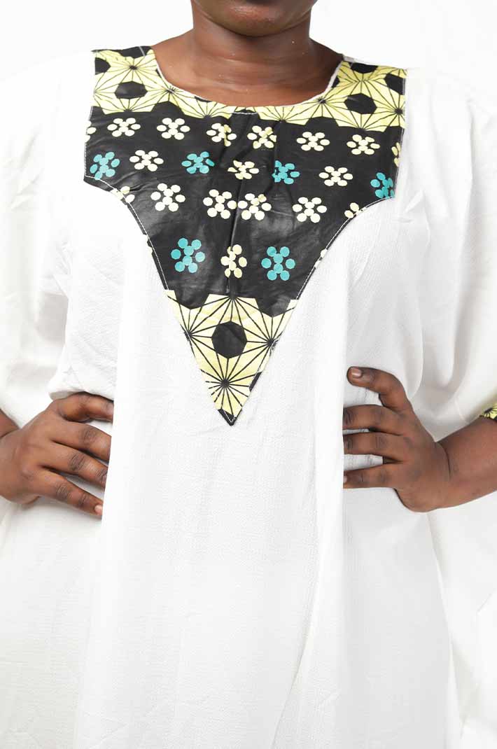 White Senegalese Dress and Wax Fabric with Scarf – elegant African-inspired outfit available at BaobabMart. 5 White Senegalese Dress and Wax Fabric with Scarf – elegant African-inspired outfit available at BaobabMart.