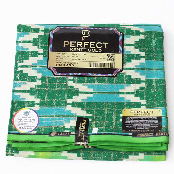 Close-up of 2-tone Green Kente Gold Wax Fabric showing Kente prints 5 Close-up of 2-tone Green Kente Gold Wax Fabric showing Kente prints