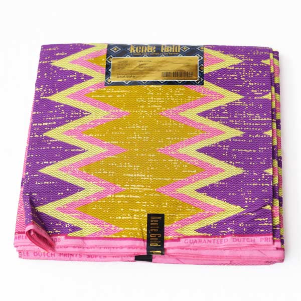 Close-up of Pink and Purple Wax Kente Gold Fabric for Sale showing Kente prints 5 Close-up of Pink and Purple Wax Kente Gold Fabric for Sale showing Kente prints