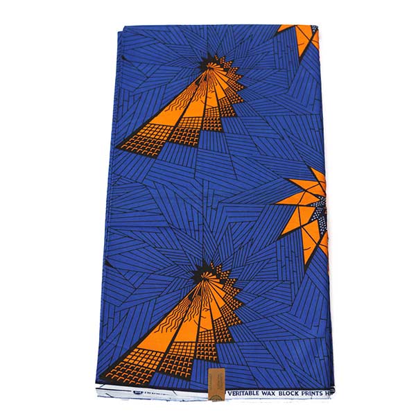 Printed Blue Hitarget Fabric with Orange Motifs – bold and vibrant fabric at BaobabMart.