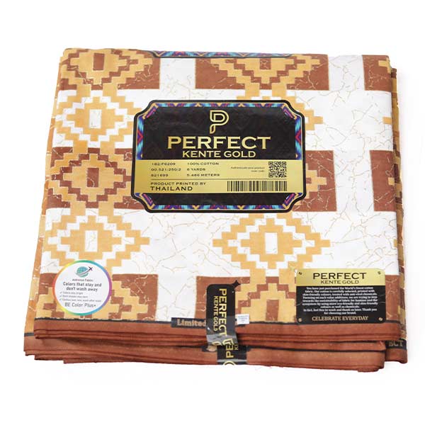 Close-up of Quality Brown Kente Gold Wax Fabric for Sale showing Kente prints 5 Close-up of Quality Brown Kente Gold Wax Fabric for Sale showing Kente prints