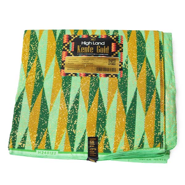 Close-up of Green and Golden Yellow Kente Wax Fabric showing Kente prints 5 Close-up of Green and Golden Yellow Kente Wax Fabric showing Kente prints