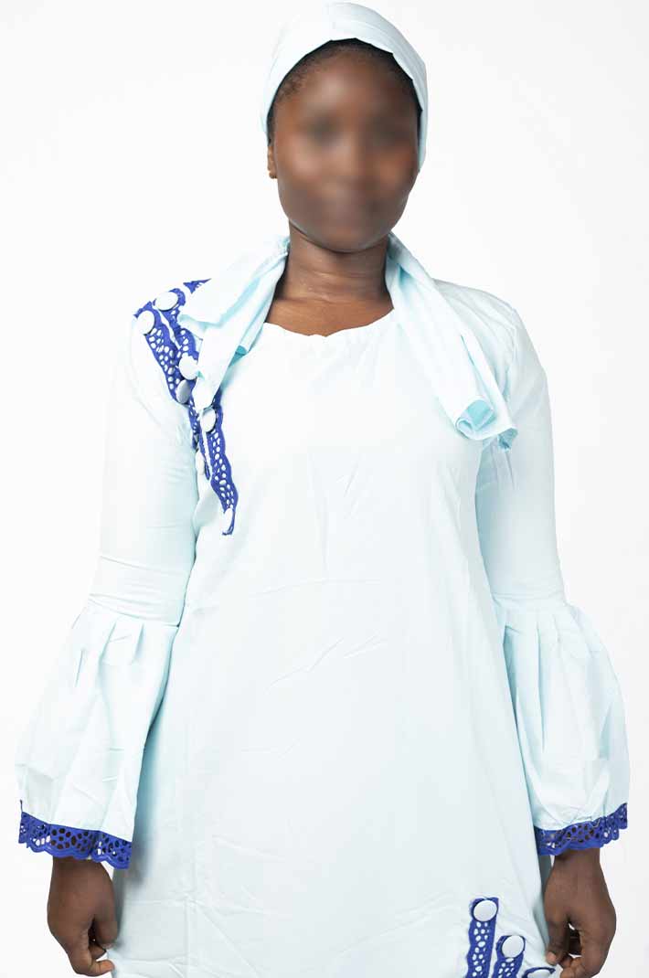Senegalese Dress with Dark Blue Embroidery and Matching Scarf – elegant African-inspired outfit available at BaobabMart.