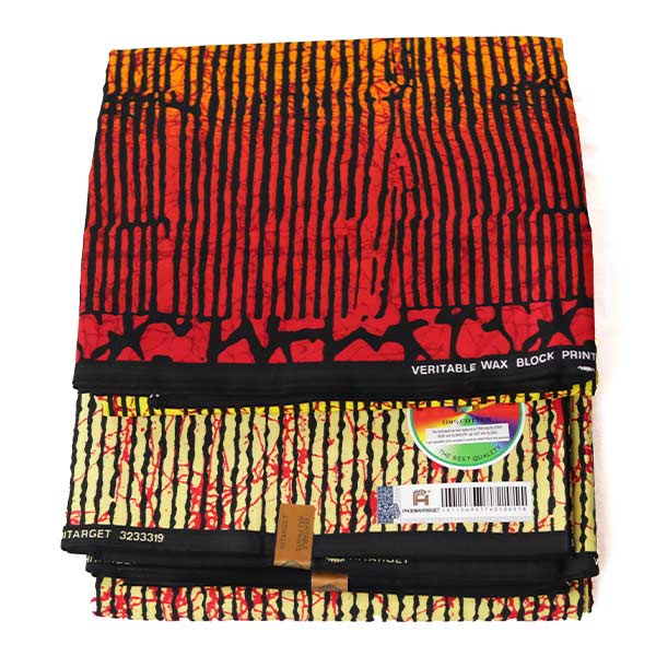 Yellow Hitarget Fabric with Black and Red Stripes – bold, stylish fabric available at BaobabMart. 6 Yellow Hitarget Fabric with Black and Red Stripes – bold, stylish fabric available at BaobabMart.