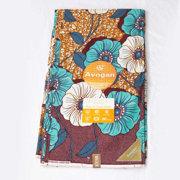 Avogan Fabric with Printed Blue and Yellow Flowers – premium African fabric for fashion and décor, available at BaobabMart.