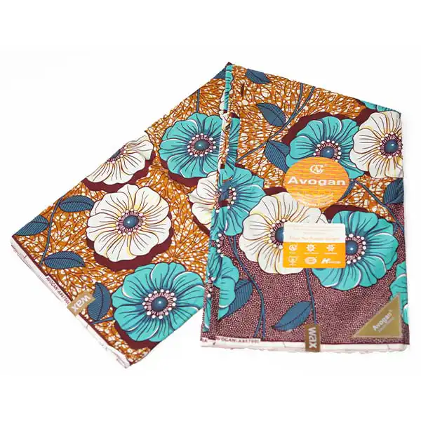 Avogan Fabric with Printed Blue and Yellow Flowers – premium African fabric for fashion and décor, available at BaobabMart.