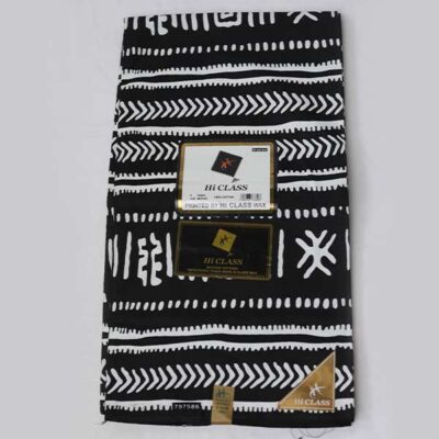 Black HiClass Fabric with White Ethnic Prints – luxurious African-inspired fabric available at BaobabMart.