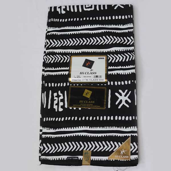 Black HiClass fabric with white ethnic prints 1 Black HiClass Fabric with White Ethnic Prints – luxurious African-inspired fabric available at BaobabMart.