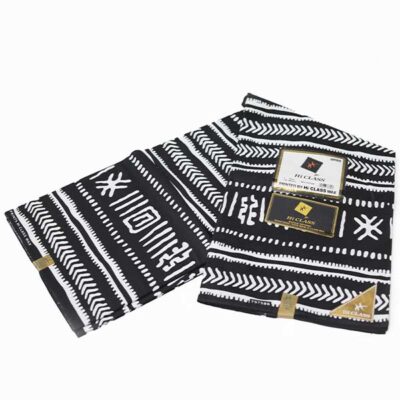 Black HiClass Fabric with White Ethnic Prints – luxurious African-inspired fabric available at BaobabMart.