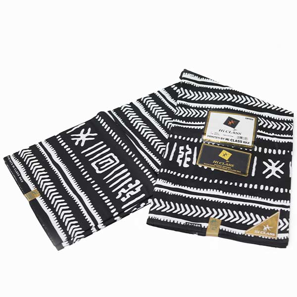Black HiClass fabric with white ethnic prints 2 Black HiClass Fabric with White Ethnic Prints – luxurious African-inspired fabric available at BaobabMart.