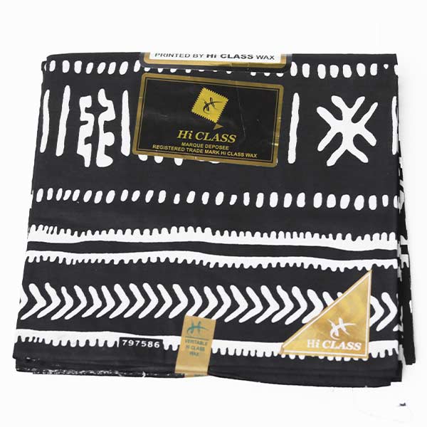 Black HiClass fabric with white ethnic prints 4 Black HiClass Fabric with White Ethnic Prints – luxurious African-inspired fabric available at BaobabMart.