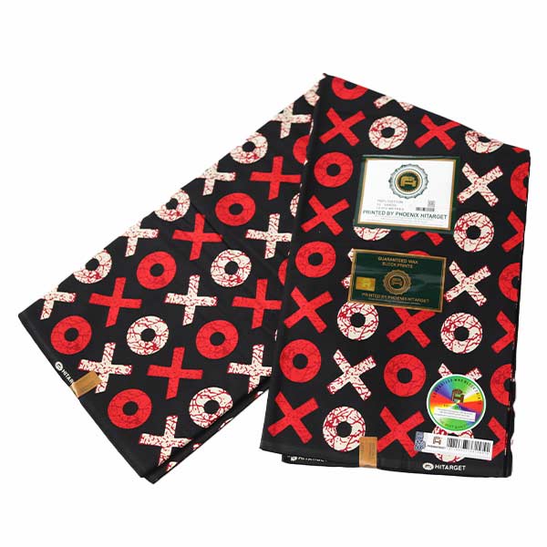 Black Hitarget XO Fabric with Prints in blue-white design at Baobabmart