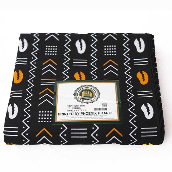 Black Hitarget fabric printed with geometric shapes and cowries 1 Hitarget Fabric Printed with Geometric Shapes and Cowries – bold, stylish fabric available at BaobabMart.