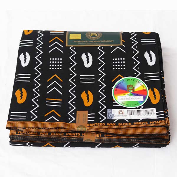Black Hitarget fabric printed with geometric shapes and cowries 2 Hitarget Fabric Printed with Geometric Shapes and Cowries – bold, stylish fabric available at BaobabMart.