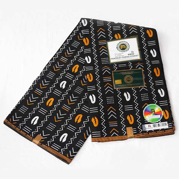 Black Hitarget fabric printed with geometric shapes and cowries 3 Hitarget Fabric Printed with Geometric Shapes and Cowries – bold, stylish fabric available at BaobabMart.