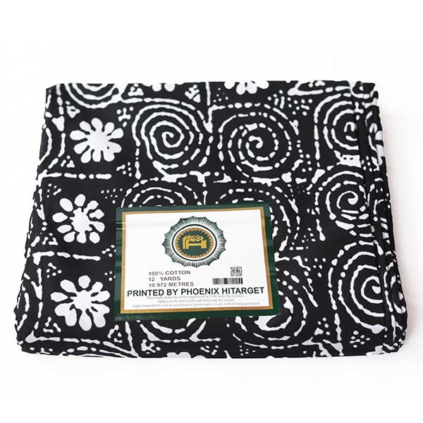 Black Hitarget fabric with printed black and white flowers 1 Black Hitarget Fabric with Printed Black and White Flowers – bold, stylish fabric available at BaobabMart.