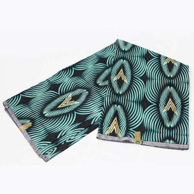 Close-up of Black Prince Fabric with Green Black and Gold Prints showing gold prints