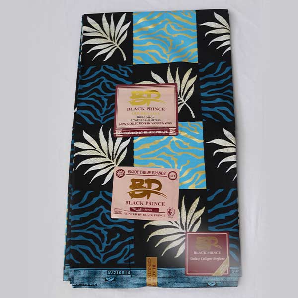 Close-up of Black Prince Fabric with Multi-Prints Squares for Sale showing squares