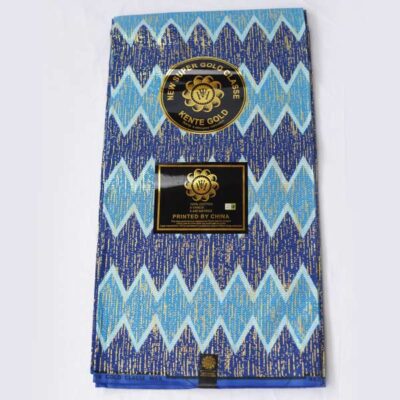 Blue Kente Gold Wax Fabric for Sale with blue-gold prints at Baobabmart