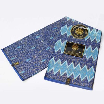 Blue Kente Gold Wax Fabric for Sale with blue-gold prints at Baobabmart