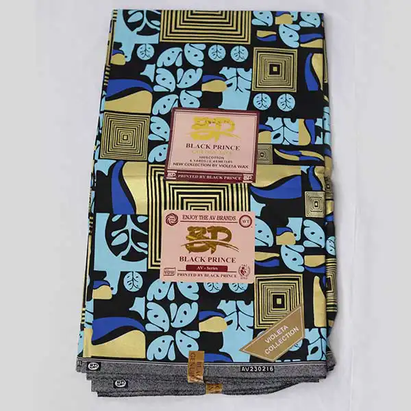 Tissu Prince Noir à imprimés bleus et dorés en vente chez Baobabmart