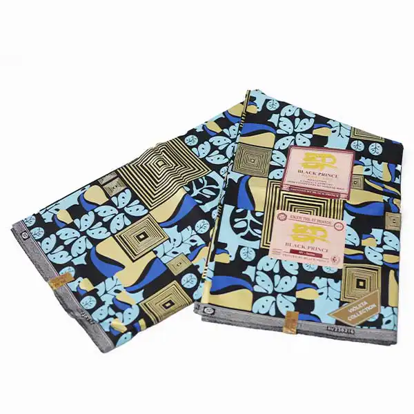 Tissu Prince Noir à imprimés bleus et dorés en vente chez Baobabmart