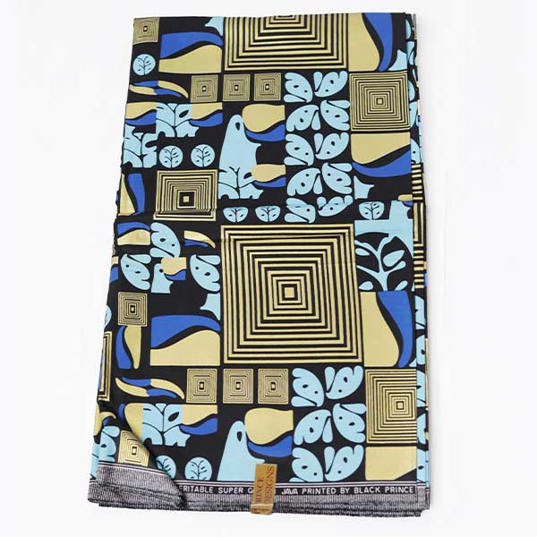 Blue and Golden prints Black Prince Fabric 3 Blue and Golden prints Black Prince Fabric for Sale at Baobabmart